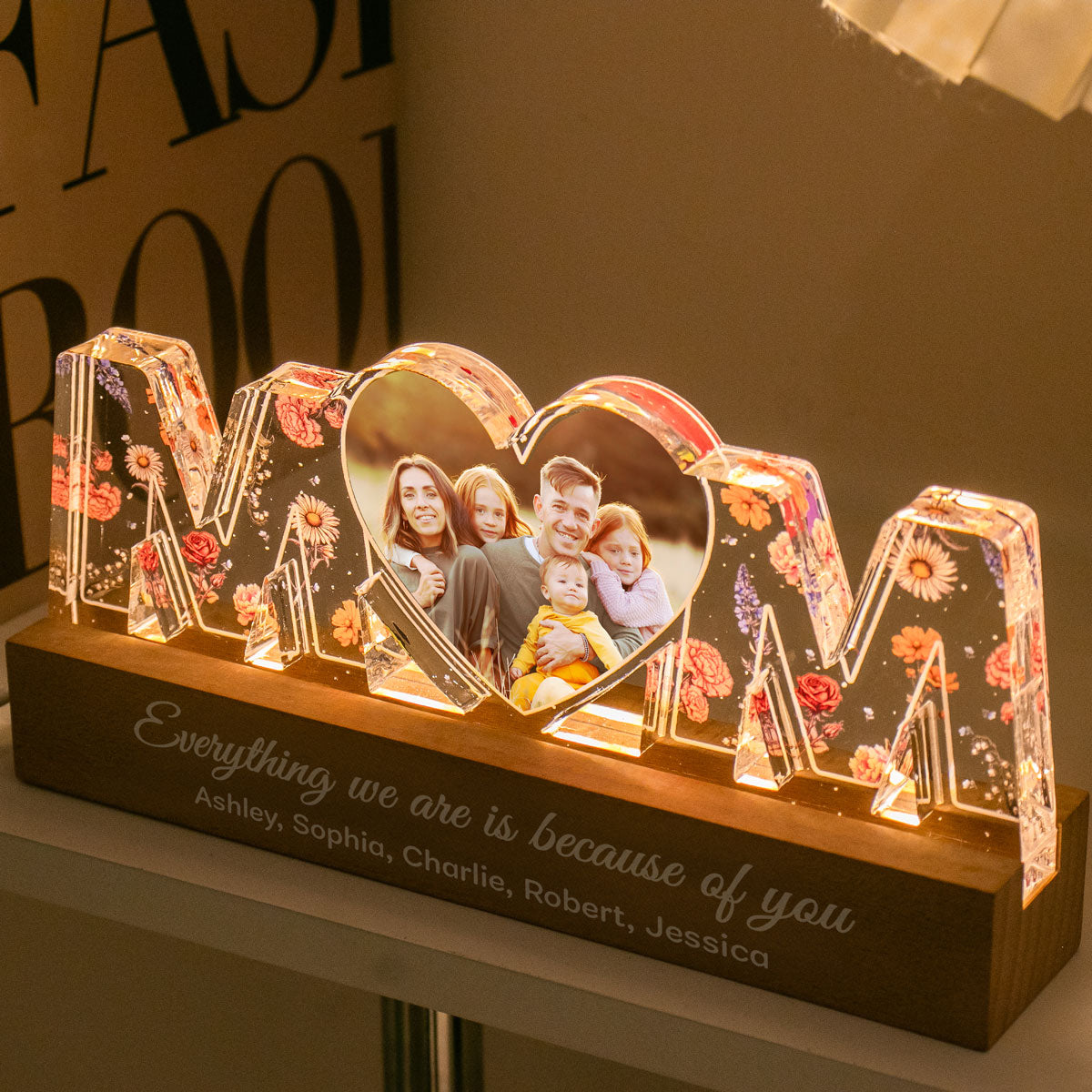 Mom Everything I Am Is Because Of You Birth Month Flower Photo Upload Personalized Led Night Light, Mother's Day Gift