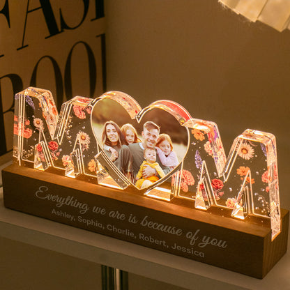Mom Everything I Am Is Because Of You Birth Month Flower Photo Upload Personalized Led Night Light, Mother's Day Gift