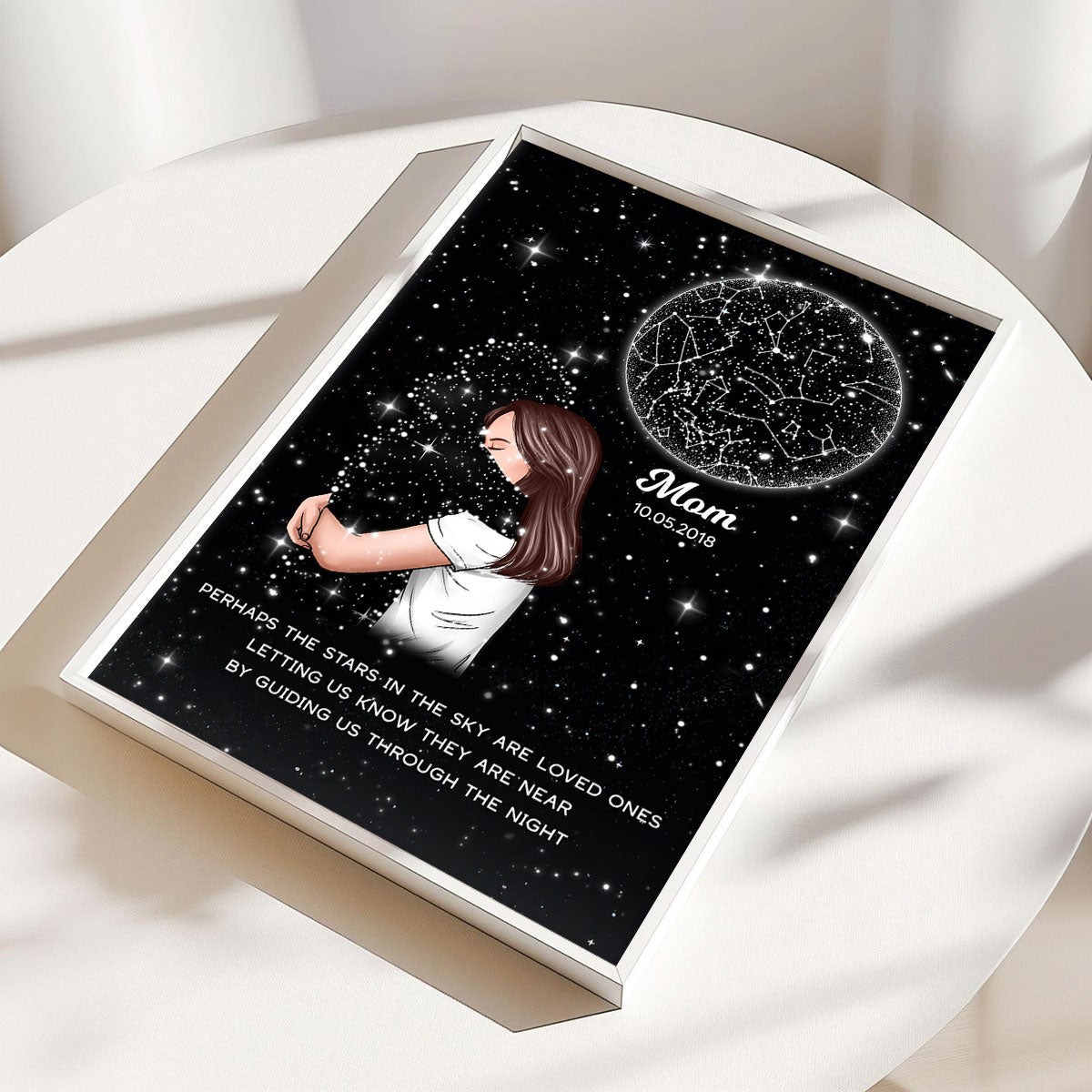 Lost Loved One Woman Hugging Star Map Galaxy Art Memorial Sympathy Gift Personalized Poster, Custom By Location And Date