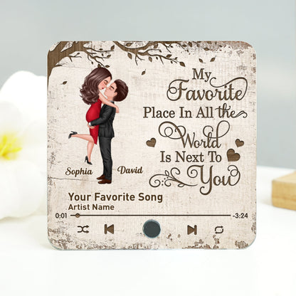 Favorite Place In The World Couple Hugging Kissing Personalized Music Fridge Magnet, Gift For Him, For Her, For Valentine's Day