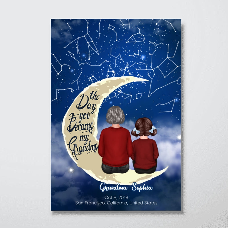 Grandma & Grandkid Sitting On Moon Custom Star Map Personalized Poster, Heartfelt Mother's Day Gift For Mom, For Grandma