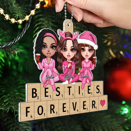 Pink Besties Sisters Sitting On Puzzple Words Personalized Acrylic Ornament, Christmas Gift For Best Friends, Sisters, Besties