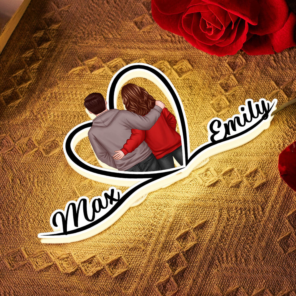 Couple Hugging Back View Heart Shape With Names Personalized Light Box, Anniversary Gift for Him for Her