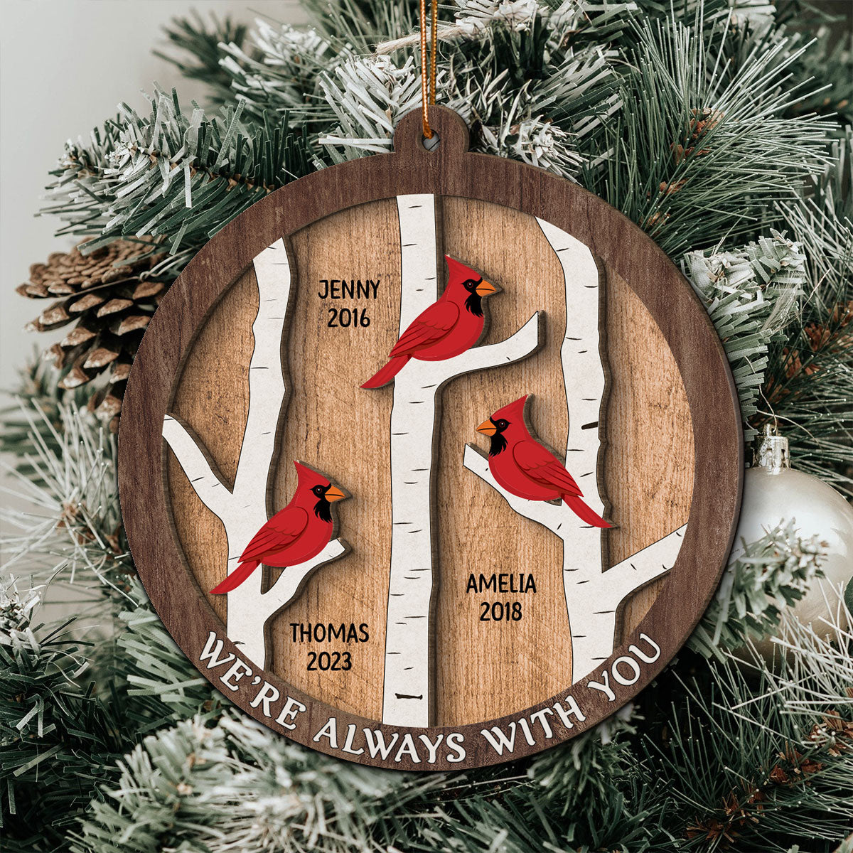 Cardinals Birch Tree Christmas Memorial Personalized 2-Layer Wooden Ornament, Sympathy Gift, Memorial Gift