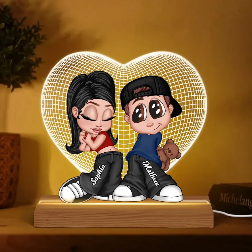 3D Heart Y2K Couple Personalized Acrylic LED Night Light, Gift, Anniversary Gift for Him for Her