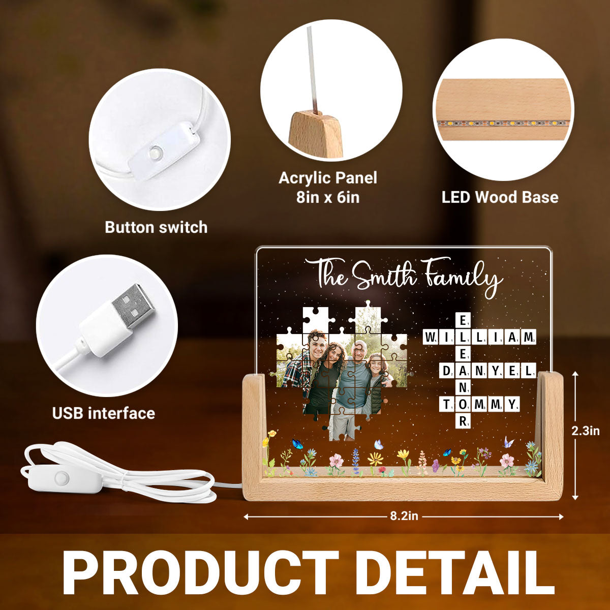 Family Crossword Puzzle Photo Uploaded Personalized U-Base Acrylic LED Night Light, Gift for Mom, Dad, Grandma