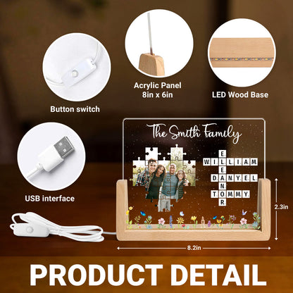 Family Crossword Puzzle Photo Uploaded Personalized U-Base Acrylic LED Night Light, Gift for Mom, Dad, Grandma