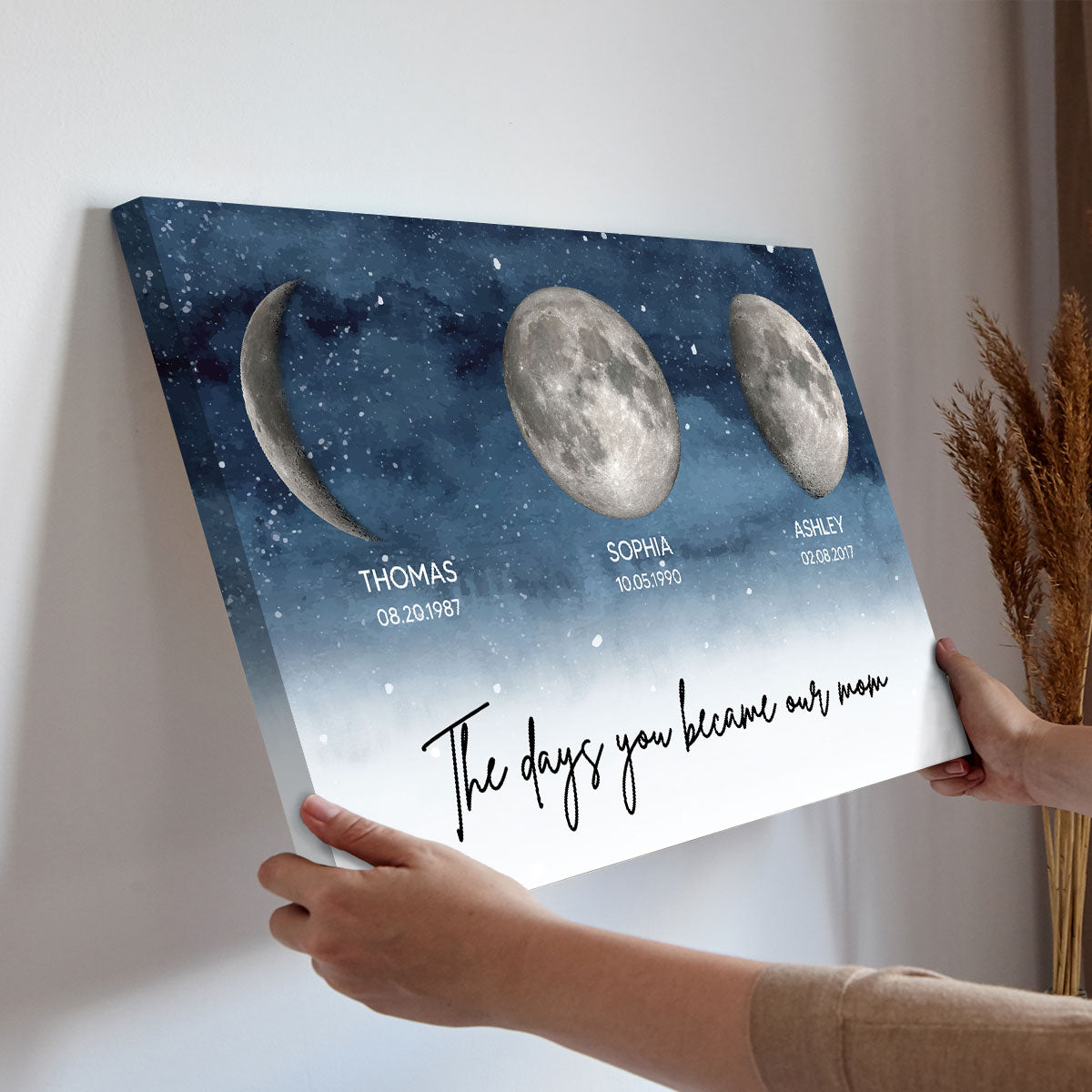 Starry Night Custom Birth Moon Phase The Day You Became Our Mom Personalized Canvas Print, Mother's Day Gift