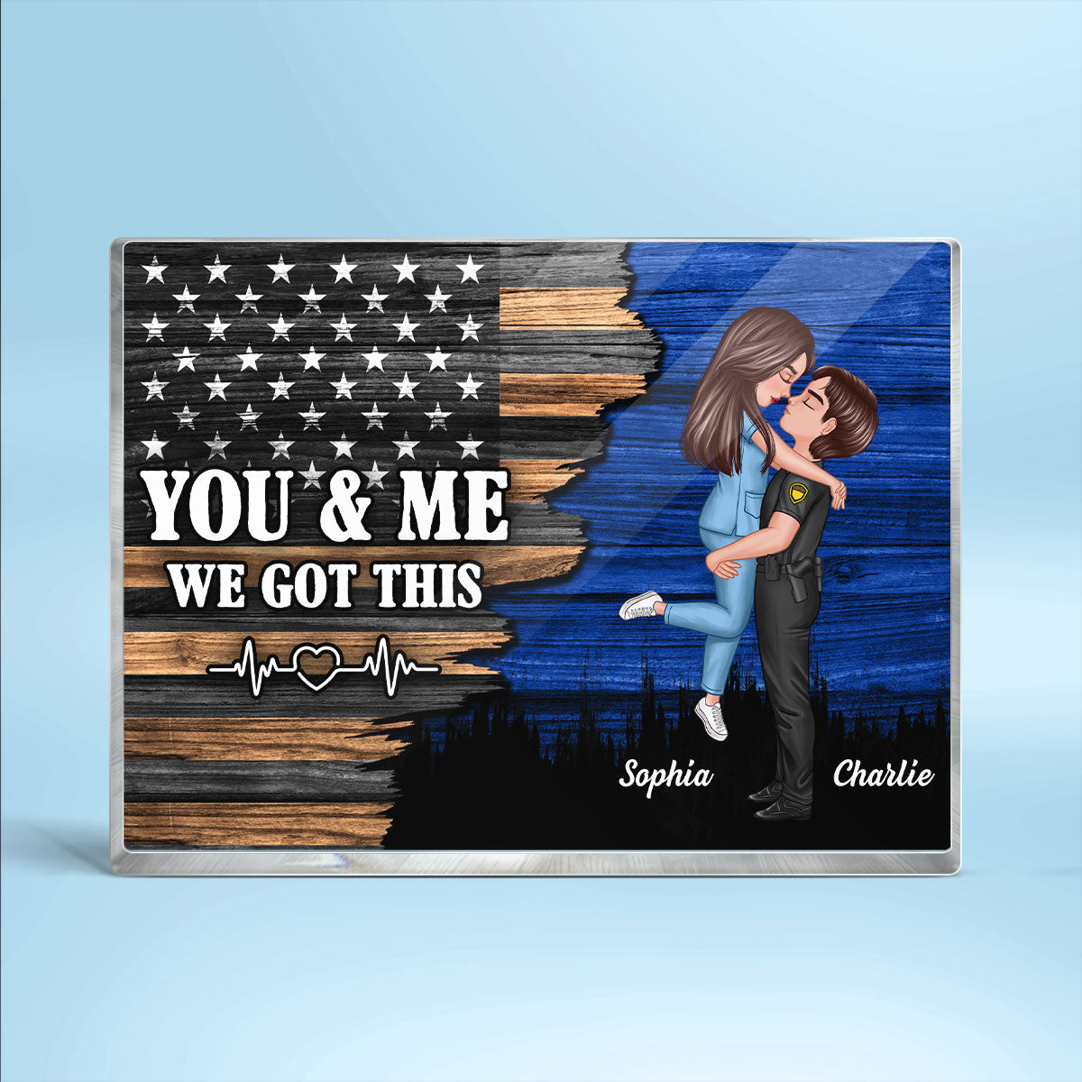Hero Couple Half Flag Gifts by Occupation Gift For Her Gift For Him Firefighter, Nurse, Police Officer Personalized Acrylic Block Plaque, Anniversary Gift for Couple, Dad Mom