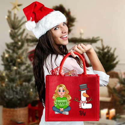 Personalised Snowman Cartoon Character Large Red Burlap Tote Bag with Name and Initial Party Favor Christmas Gift for Kids Adults