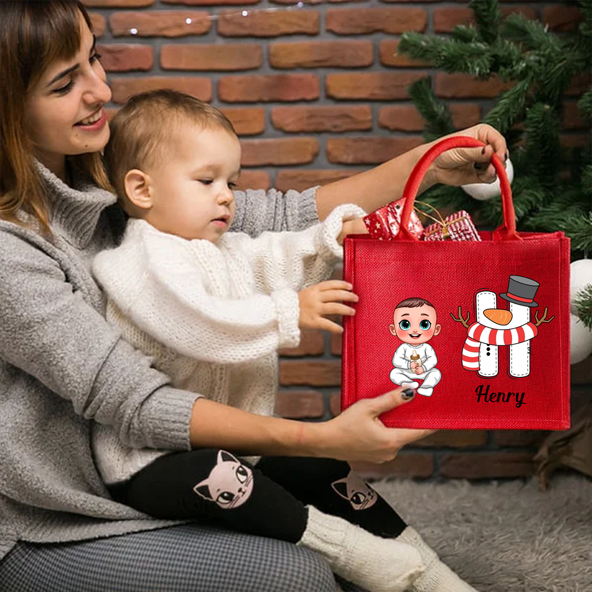 Personalised Snowman Cartoon Character Large Red Burlap Tote Bag with Name and Initial Party Favor Christmas Gift for Kids Adults