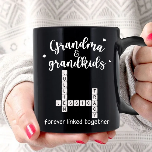 Grandma Grandpa & Grandkids Forever Linked Together Crossword Puzzle Personalized Mug