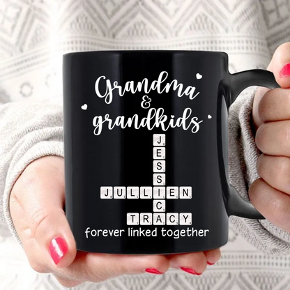 Grandma Grandpa & Grandkids Forever Linked Together Crossword Puzzle Personalized Mug