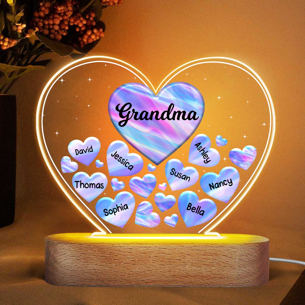 Grandma Mom Hearts In Heart Galaxy Personalized Acrylic Heart LED Night Light