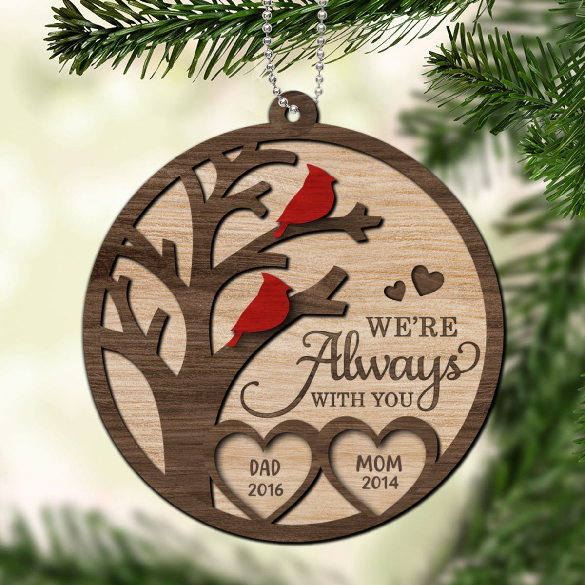 Cardinal Always With You Memorial Christmas Personalized 2-Layer Wooden Ornament, Christmas Keepsake, Sympathy Gift, Remembrance Gift