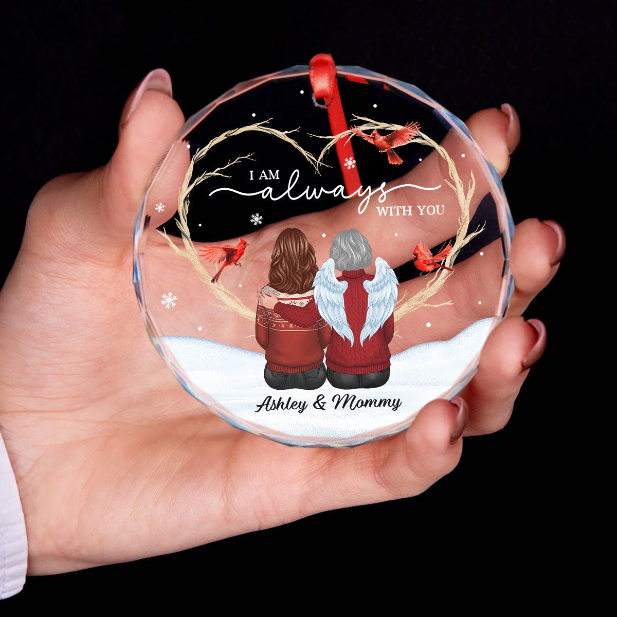 Cardinals Heart Branch Memorial Personalized Glass Ornament, Sympathy Keepsake