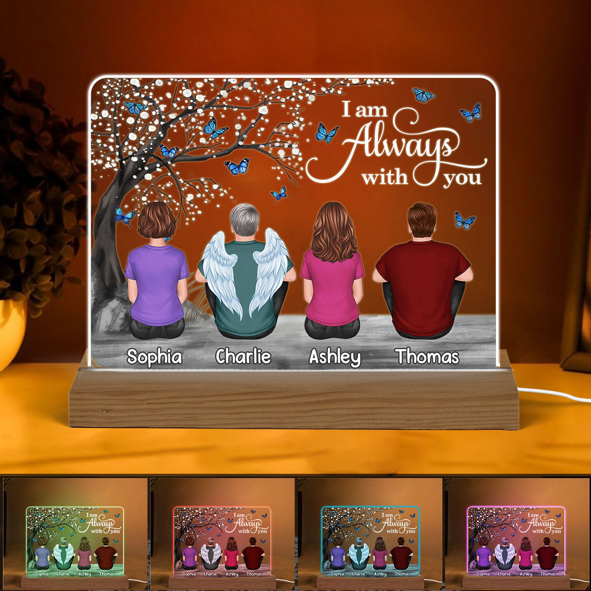 Butterflies Blossom Tree Always With You Family Memorial Remembrance Gift Personalized Custom Shape Acrylic Plaque LED Night Light