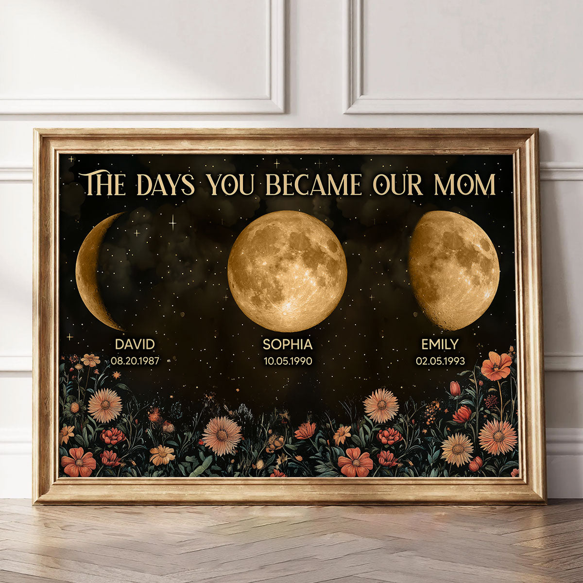 Vintage Flowers The Day You Become Mom Grandma Custom Birth Moon Phase Personalized Poster, Heartfelt 2025 Mother's Day Gift