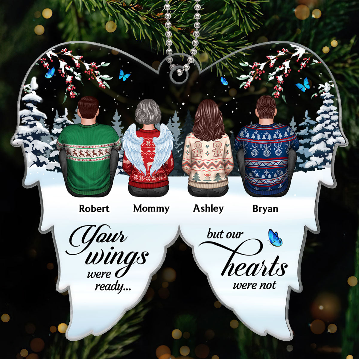 Family Sitting Memorial Angel Wings Shaped Personalized Acrylic Ornament