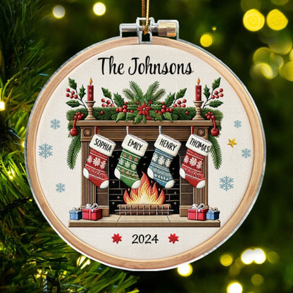 Christmas Festive Fireplace Family Christmas Stockings On Mantel Embroidery Effect Personalized Acrylic Ornament