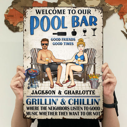 Swimming Poolside Family Couple Listen To The Good Music - Pool Sign - Personalized Custom Classic Metal Signs