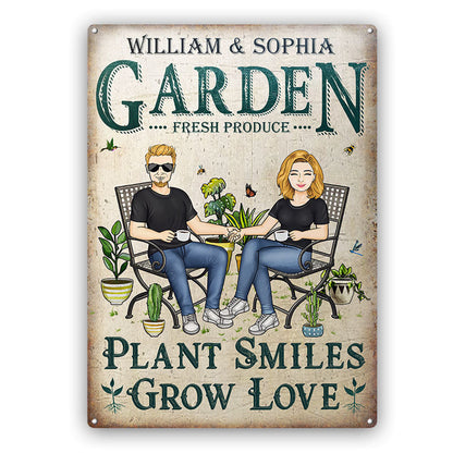 Gardening Couple Plant Smiles Grow Love - Gift For Garden Lovers - Personalized Custom Classic Metal Signs