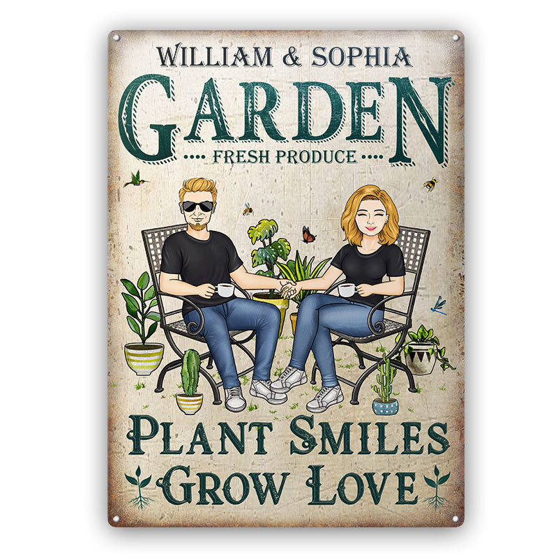 Gardening Couple Plant Smiles Grow Love - Gift For Garden Lovers - Personalized Custom Classic Metal Signs