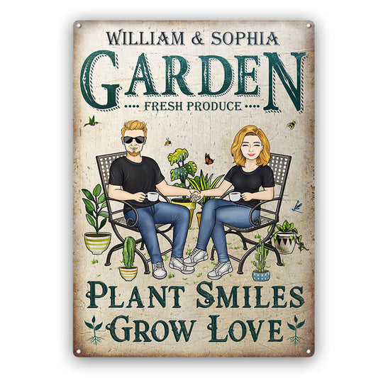 Gardening Couple Plant Smiles Grow Love - Gift For Garden Lovers - Personalized Custom Classic Metal Signs