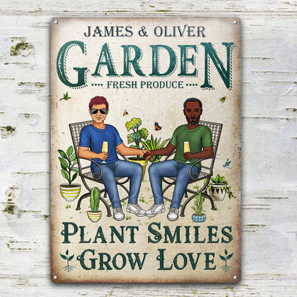 Gardening Couple Plant Smiles Grow Love - Gift For Garden Lovers - Personalized Custom Classic Metal Signs