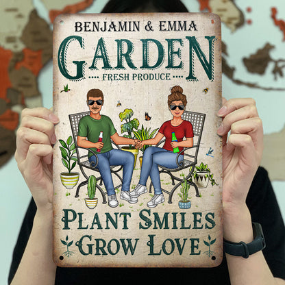 Gardening Couple Plant Smiles Grow Love - Gift For Garden Lovers - Personalized Custom Classic Metal Signs