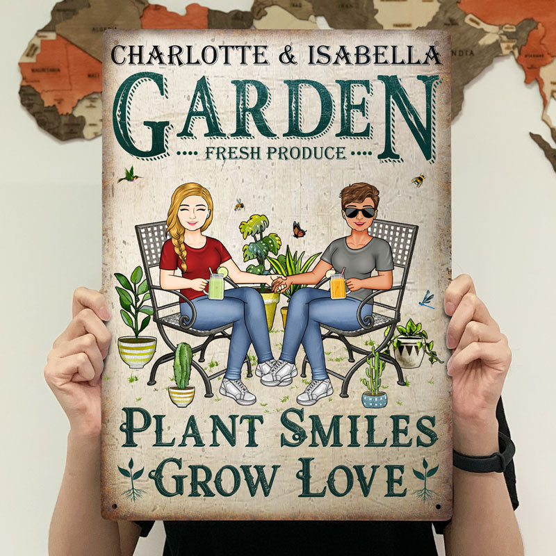 Gardening Couple Plant Smiles Grow Love - Gift For Garden Lovers - Personalized Custom Classic Metal Signs