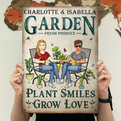 Gardening Couple Plant Smiles Grow Love - Gift For Garden Lovers - Personalized Custom Classic Metal Signs