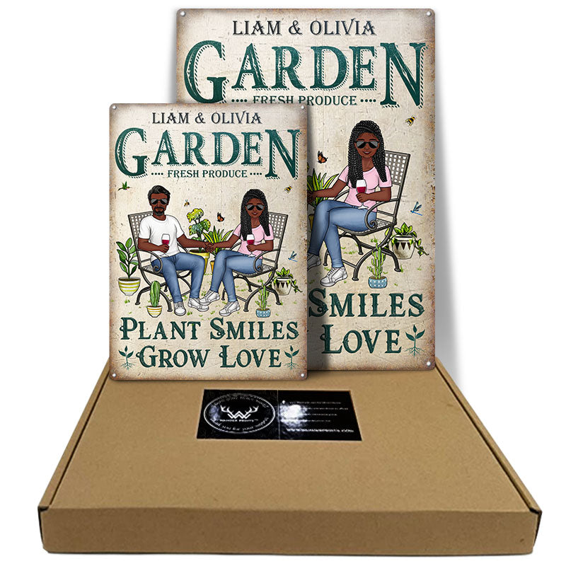 Gardening Couple Plant Smiles Grow Love - Gift For Garden Lovers - Personalized Custom Classic Metal Signs