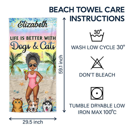 Sandy Toes And Salty Kisses Cartoon Beach Swimming Picnic Vacation Traveling - Birthday, Funny Gift For Her, Him, Dog Lovers, Cat Lovers - Personalized Custom Beach Towel