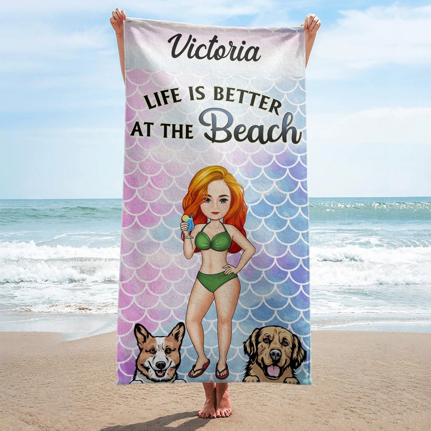 Sandy Toes And Salty Kisses Cartoon Beach Swimming Picnic Vacation Traveling - Birthday, Funny Gift For Her, Him, Dog Lovers, Cat Lovers - Personalized Custom Beach Towel