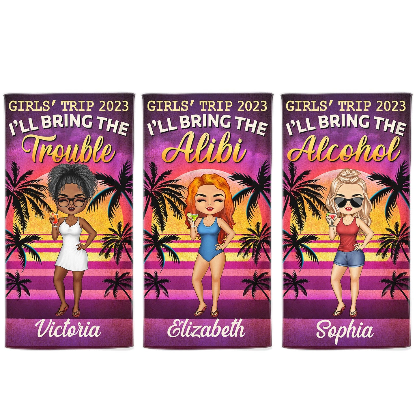 Girls' Trip I'll Bring The Alibi Beaches Swimming Picnic Vacation Traveling - Birthday, Funny Gift For Her, Besties, Family - Personalized Custom Beach Towel