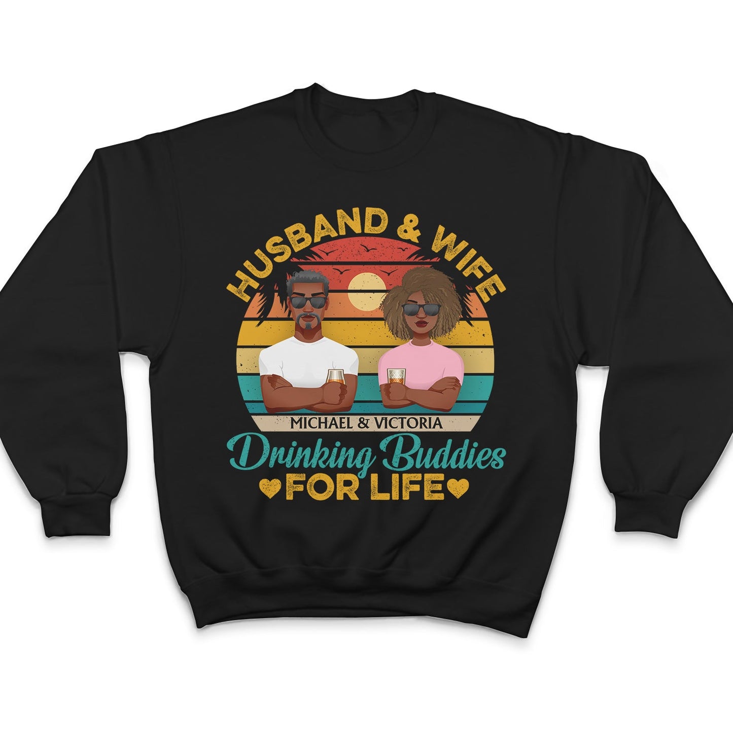 Husband And Wife Drinking Buddies For Life Flat Art - Anniversary, Vacation, Funny Gift For Couples, Family - Personalized Custom T Shirt