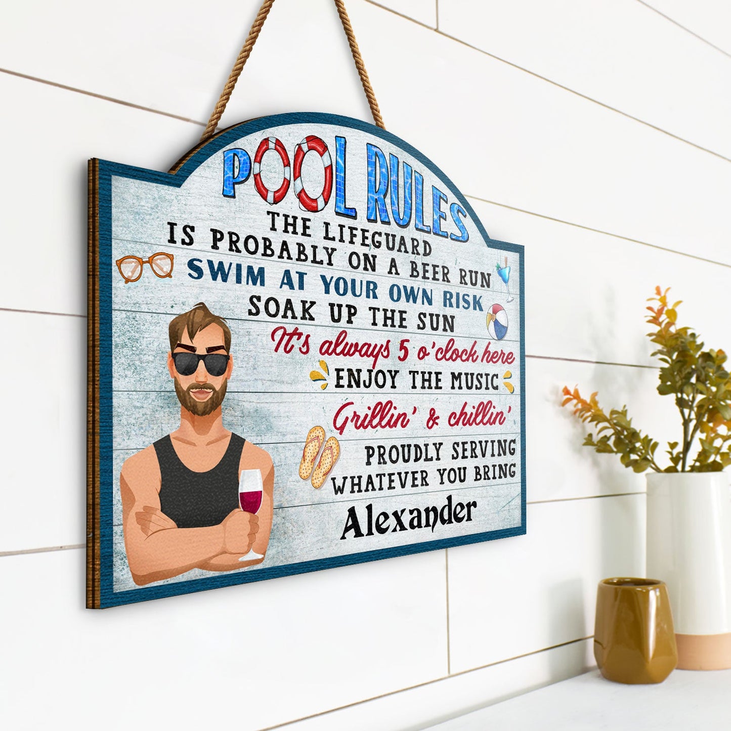 Pool Rules Swim At Your Own Risk Grilling Flat Art - Home Decor, Backyard Decor, Gift For Her, Him, Family, Couples, Husband, Wife - Personalized Custom Shaped Wood Sign