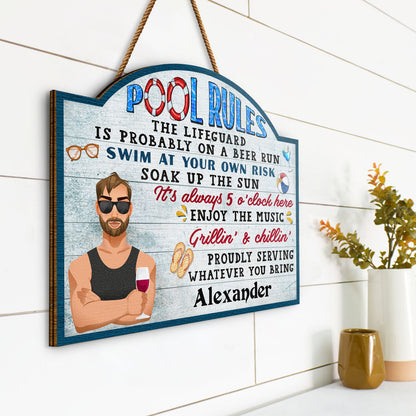 Pool Rules Swim At Your Own Risk Grilling Flat Art - Home Decor, Backyard Decor, Gift For Her, Him, Family, Couples, Husband, Wife - Personalized Custom Shaped Wood Sign