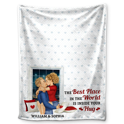 The Best Place In The World Is Inside Your Hug - Gift For Couples, Husband And Wife - Personalized Fleece Blanket
