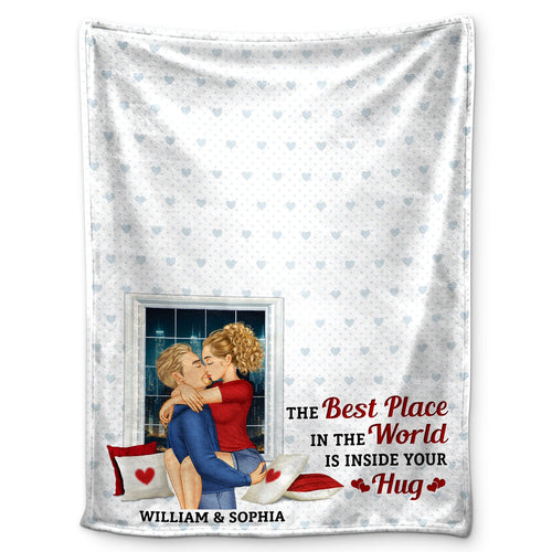 The Best Place In The World Is Inside Your Hug - Gift For Couples, Husband And Wife - Personalized Fleece Blanket