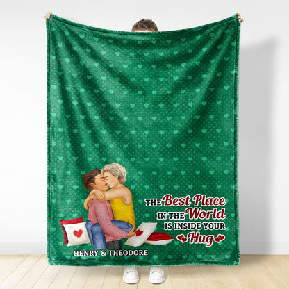 The Best Place In The World Is Inside Your Hug - Gift For Couples, Husband And Wife - Personalized Fleece Blanket