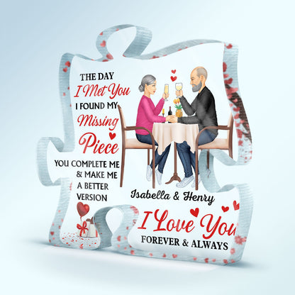 I Found My Missing Piece Couple Sideview Sitting - Gift For Spouse, Husband, Wife - Personalized Puzzle Shaped Acrylic Plaque