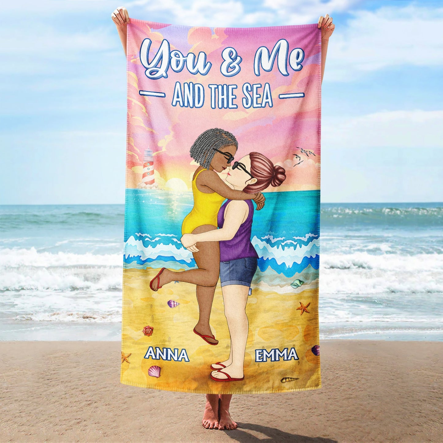 You And Me And The Sea - Loving, Anniversary, Vacation, Travel Gift For Spouse, Husband, Wife, Couple, Boyfriend, Girlfriend - Personalized Beach Towel
