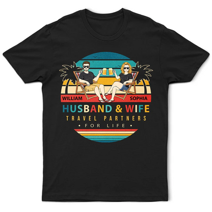 Husband And Wife Travel Partners For Life Retro Beach Family Couple - Personalized T Shirt