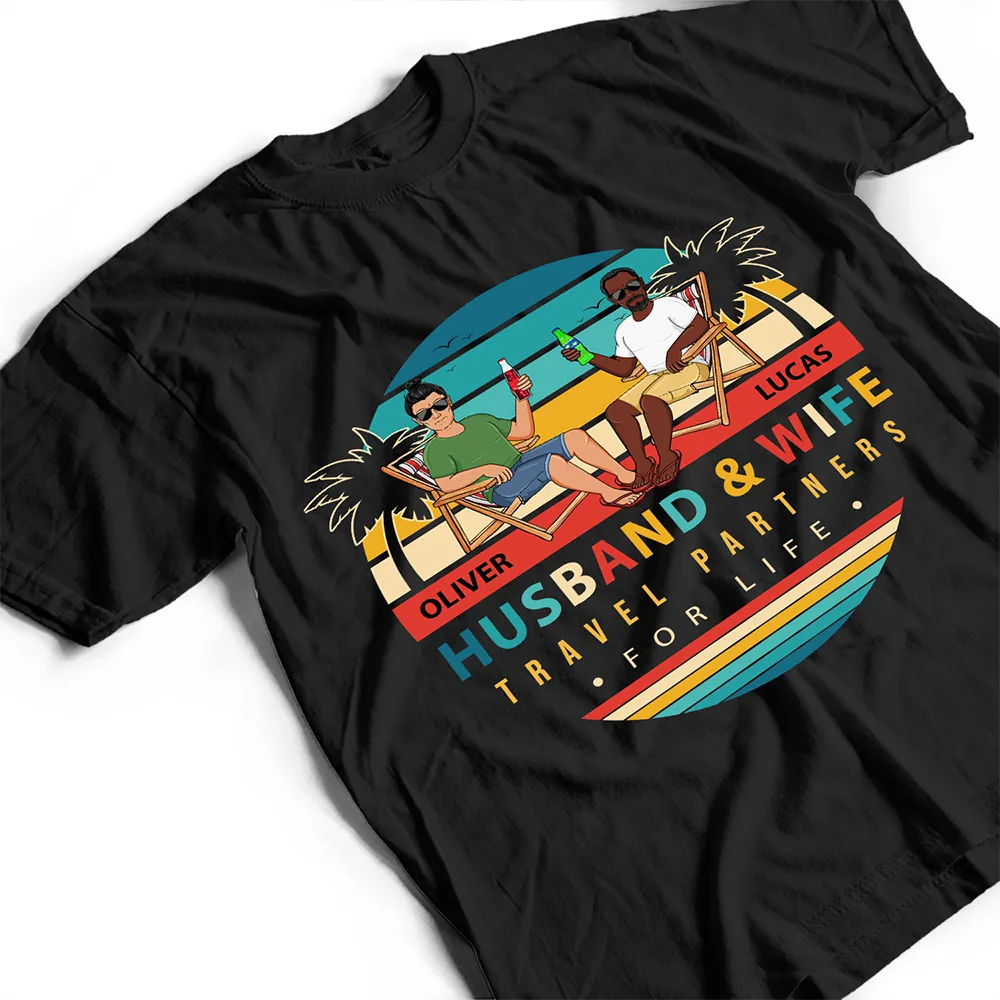 Husband And Wife Travel Partners For Life Retro Beach Family Couple - Personalized T Shirt