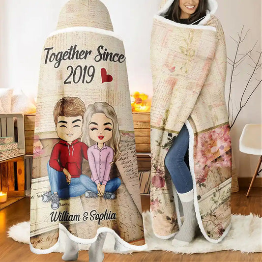 Together Since Chibi Couple - Personalized Wearable Hooded Blanket
