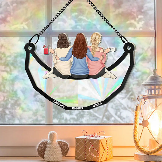 Besties Friends Sitting On The Moon - Personalized Window Hanging Rainbow Suncatcher