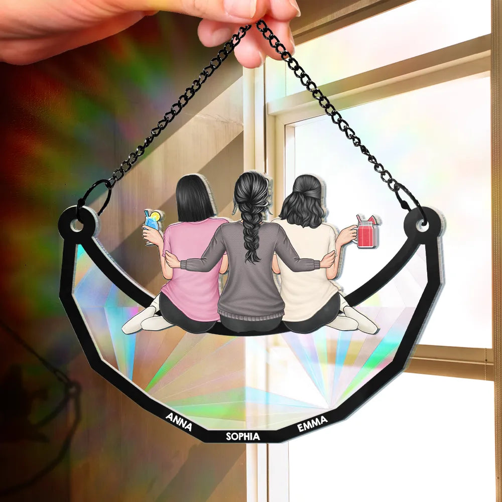 Besties Friends Sitting On The Moon - Personalized Window Hanging Rainbow Suncatcher