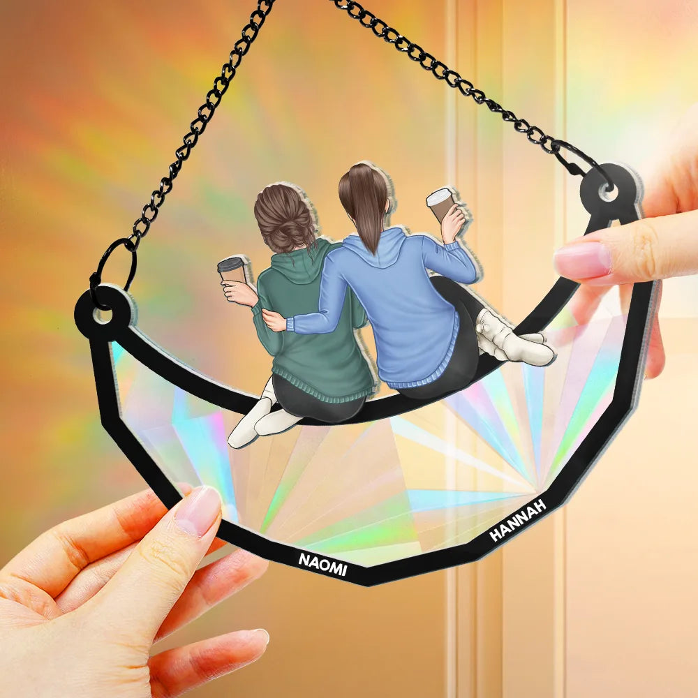 Besties Friends Sitting On The Moon - Personalized Window Hanging Rainbow Suncatcher